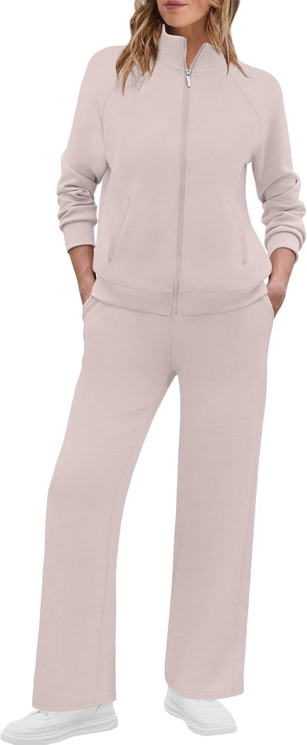 imageXIEERDUO Womens 2 Piece Lounge Sets Full Zip Up Sweatsuit Wide Leg Tracksuit Workout Outfits Fashion Airport WearApricot