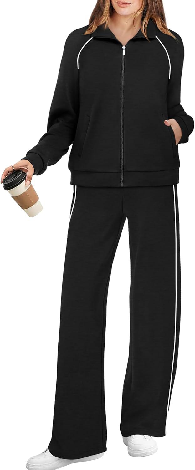 imageXIEERDUO Womens 2 Piece Lounge Sets Full Zip Up Sweatsuit Wide Leg Tracksuit Workout Outfits Fashion Airport WearBlack White
