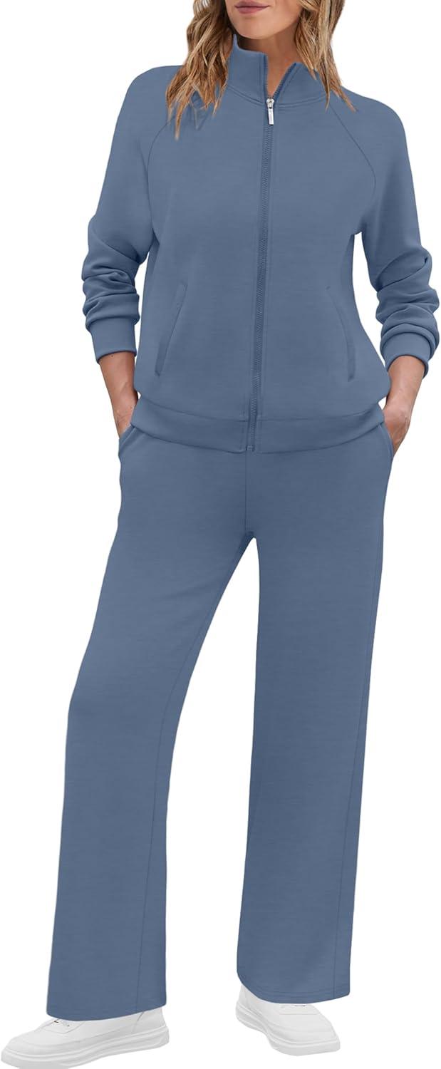 imageXIEERDUO Womens 2 Piece Lounge Sets Full Zip Up Sweatsuit Wide Leg Tracksuit Workout Outfits Fashion Airport WearBlue