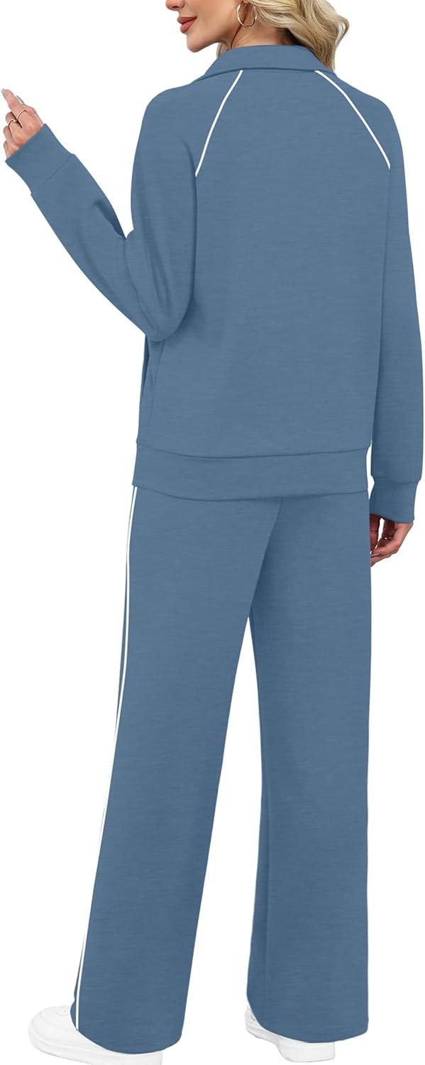 imageXIEERDUO Womens 2 Piece Lounge Sets Full Zip Up Sweatsuit Wide Leg Tracksuit Workout Outfits Fashion Airport WearBlue White