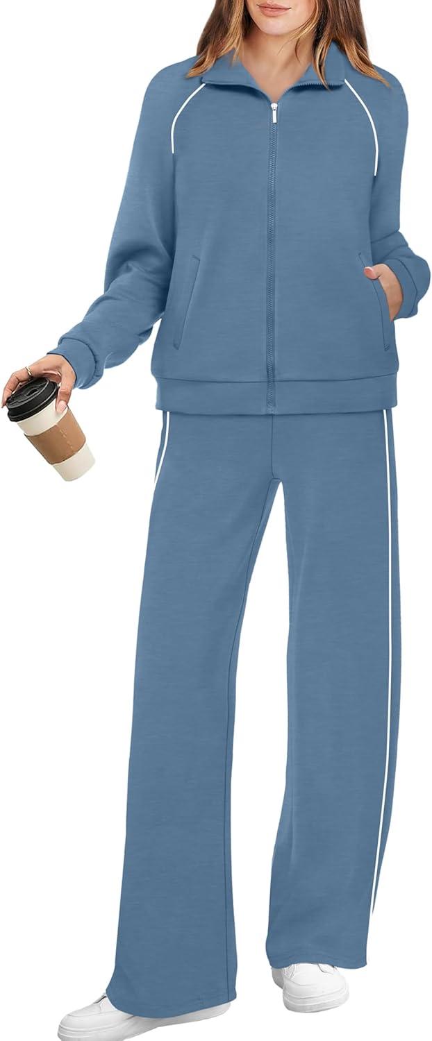 imageXIEERDUO Womens 2 Piece Lounge Sets Full Zip Up Sweatsuit Wide Leg Tracksuit Workout Outfits Fashion Airport WearBlue White