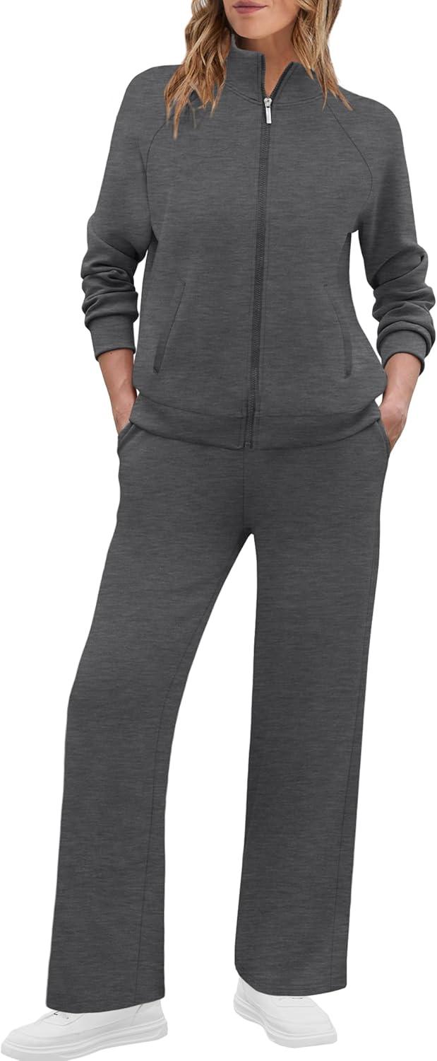 imageXIEERDUO Womens 2 Piece Lounge Sets Full Zip Up Sweatsuit Wide Leg Tracksuit Workout Outfits Fashion Airport WearDark Grey