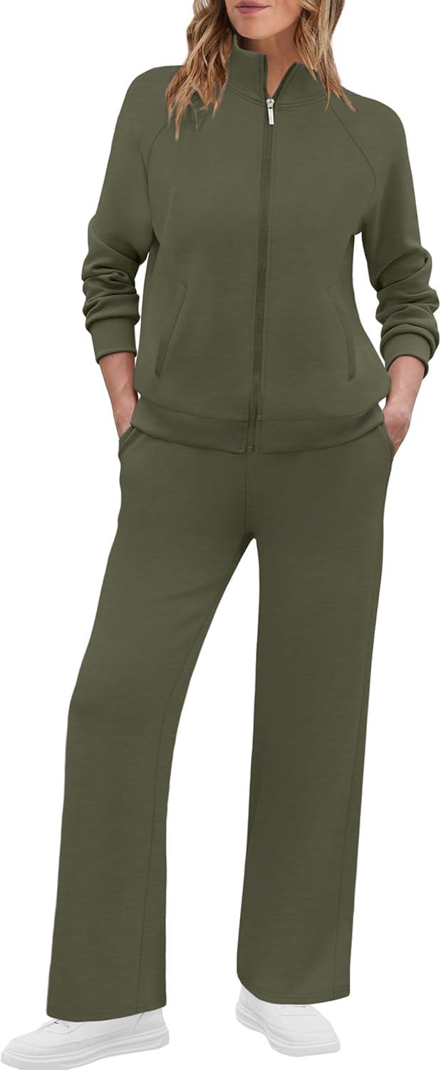 imageXIEERDUO Womens 2 Piece Lounge Sets Full Zip Up Sweatsuit Wide Leg Tracksuit Workout Outfits Fashion Airport WearGreen