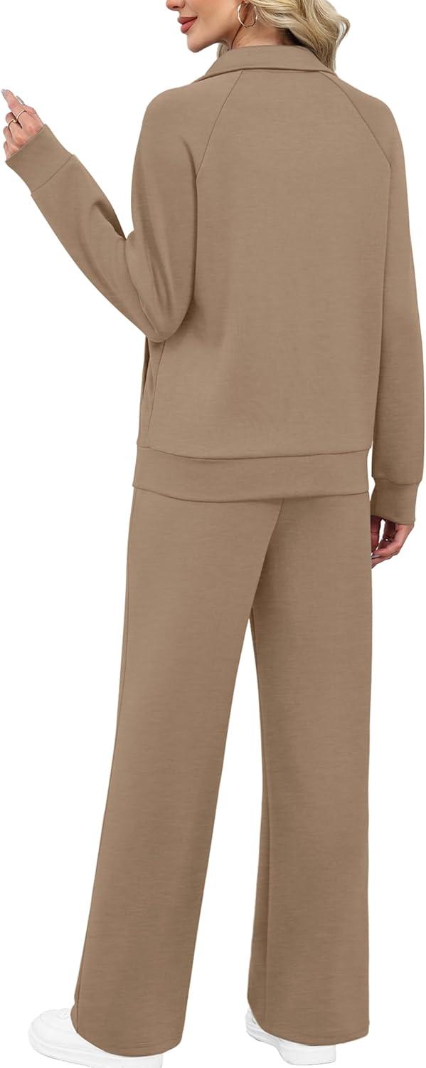 imageXIEERDUO Womens 2 Piece Lounge Sets Full Zip Up Sweatsuit Wide Leg Tracksuit Workout Outfits Fashion Airport WearKhaki