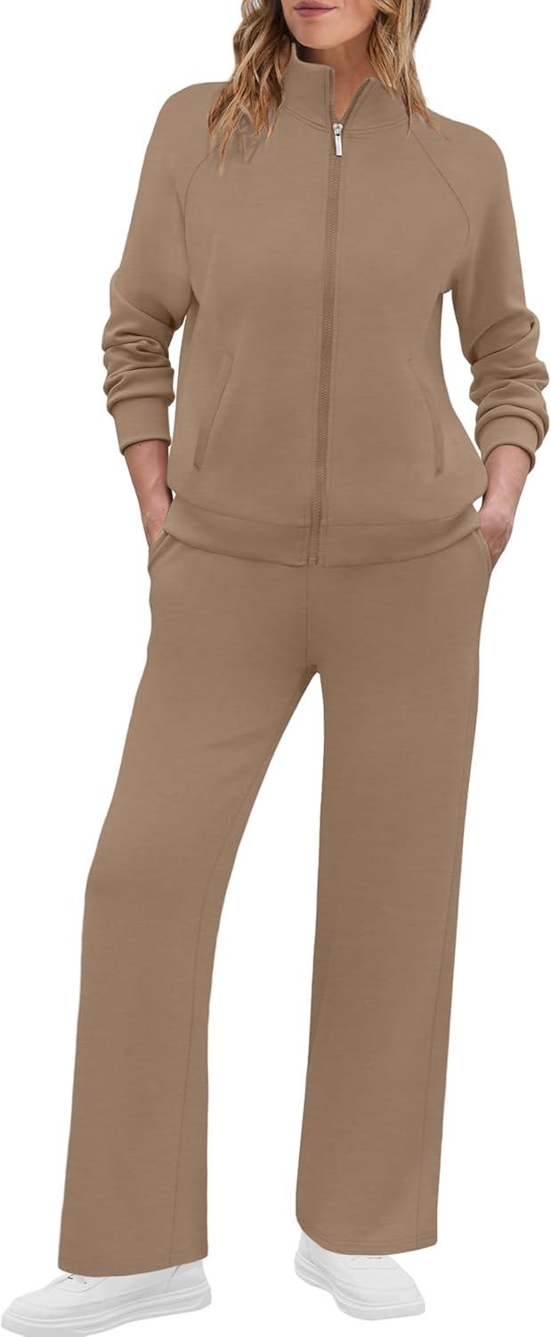 imageXIEERDUO Womens 2 Piece Lounge Sets Full Zip Up Sweatsuit Wide Leg Tracksuit Workout Outfits Fashion Airport WearKhaki