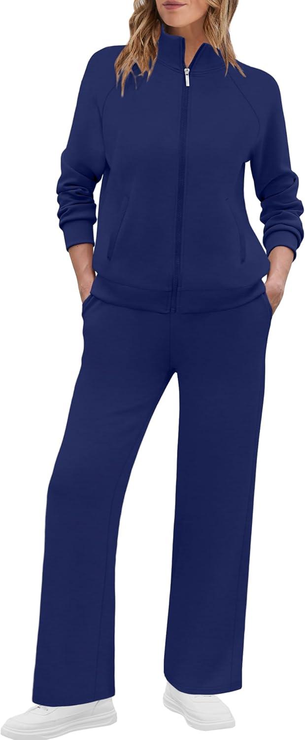imageXIEERDUO Womens 2 Piece Lounge Sets Full Zip Up Sweatsuit Wide Leg Tracksuit Workout Outfits Fashion Airport WearNavy
