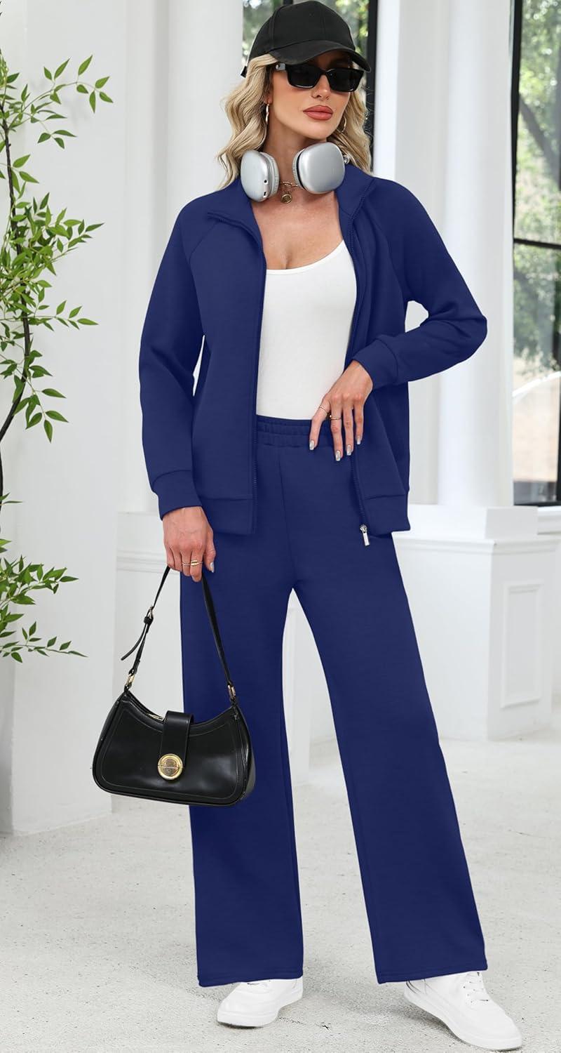 imageXIEERDUO Womens 2 Piece Lounge Sets Full Zip Up Sweatsuit Wide Leg Tracksuit Workout Outfits Fashion Airport WearNavy