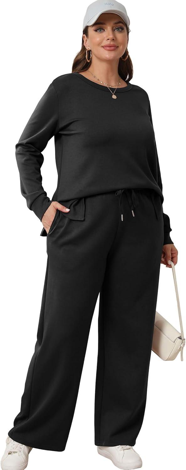 imageXIEERDUO Womens 2 Piece Lounge Sets Side Slit Outfits Wide Leg Tracksuit Comfy Loungewear Fashion Sweatsuit S3XLA Black