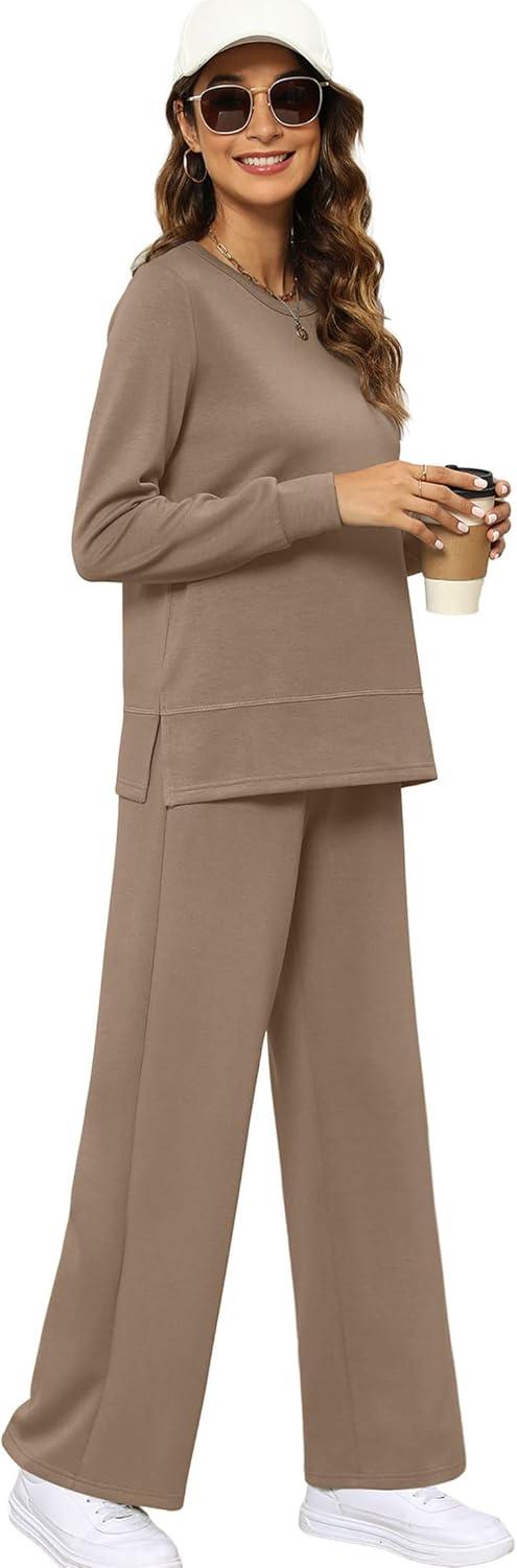 imageXIEERDUO Womens 2 Piece Lounge Sets Side Slit Outfits Wide Leg Tracksuit Comfy Loungewear Fashion Sweatsuit S3XLA Khaki
