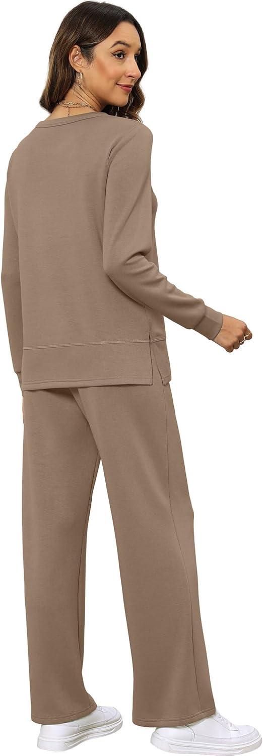 imageXIEERDUO Womens 2 Piece Lounge Sets Side Slit Outfits Wide Leg Tracksuit Comfy Loungewear Fashion Sweatsuit S3XLA Khaki
