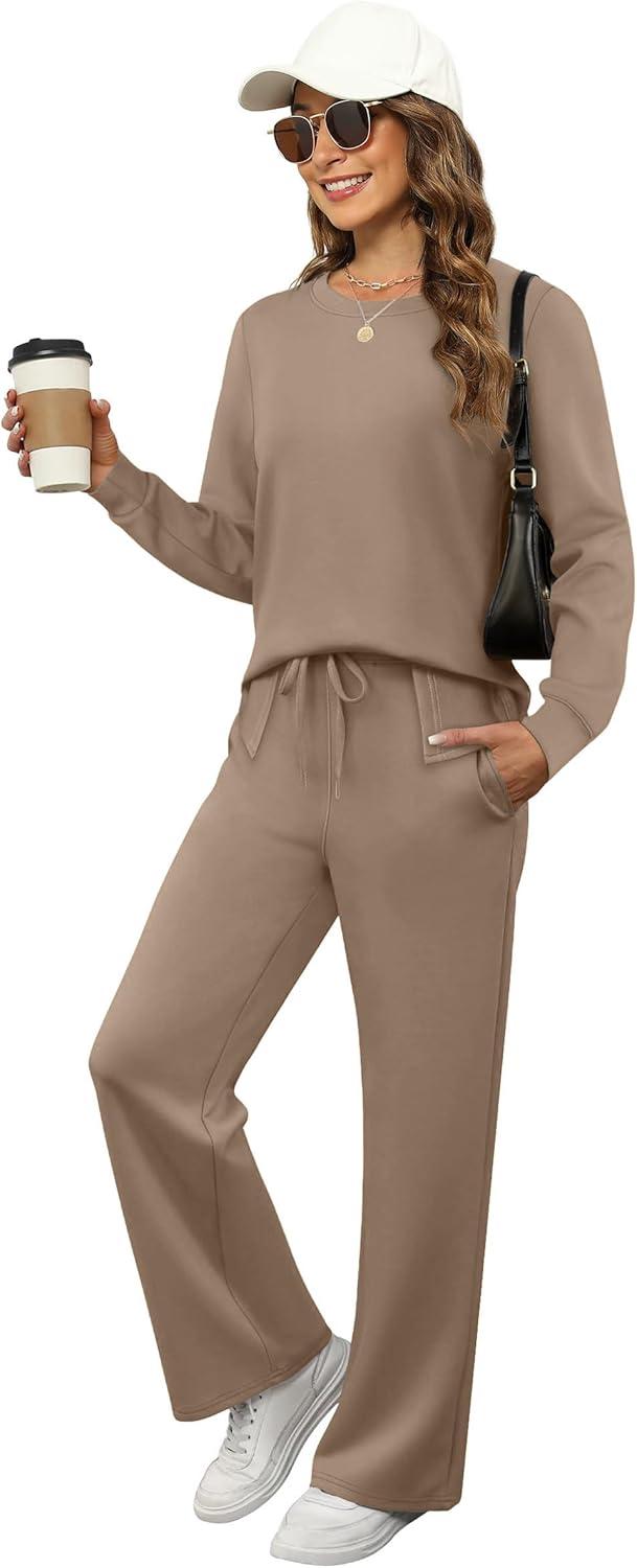 imageXIEERDUO Womens 2 Piece Lounge Sets Side Slit Outfits Wide Leg Tracksuit Comfy Loungewear Fashion Sweatsuit S3XLA Khaki