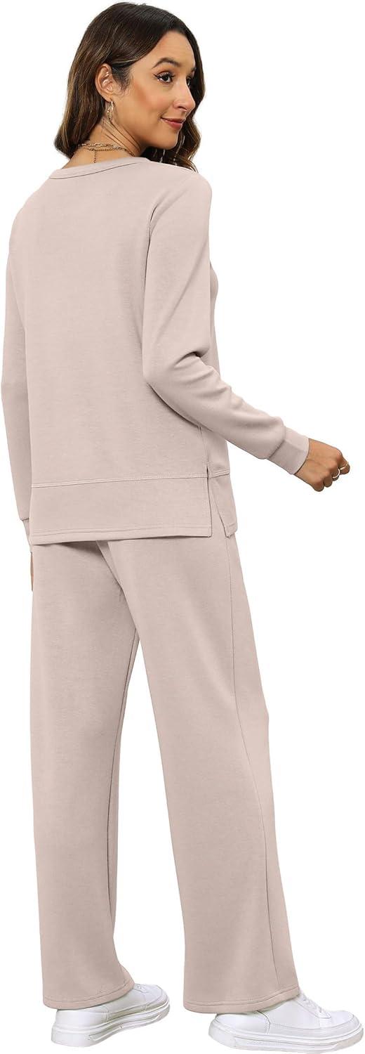 imageXIEERDUO Womens 2 Piece Lounge Sets Side Slit Outfits Wide Leg Tracksuit Comfy Loungewear Fashion Sweatsuit S3XLApricot