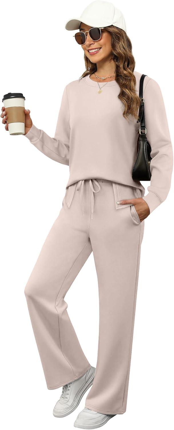 imageXIEERDUO Womens 2 Piece Lounge Sets Side Slit Outfits Wide Leg Tracksuit Comfy Loungewear Fashion Sweatsuit S3XLApricot