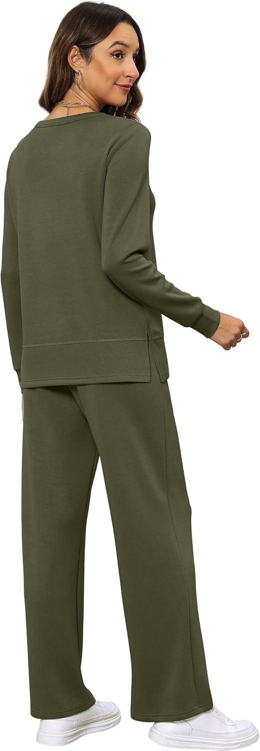 imageXIEERDUO Womens 2 Piece Lounge Sets Side Slit Outfits Wide Leg Tracksuit Comfy Loungewear Fashion Sweatsuit S3XLArmy Green