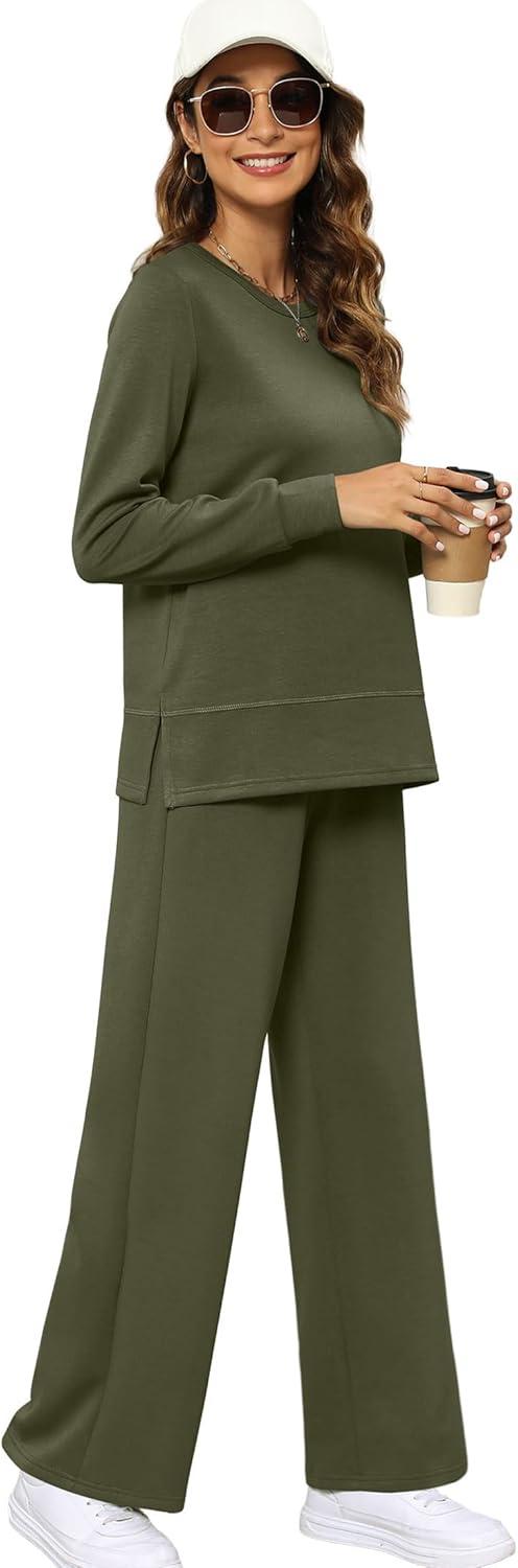 imageXIEERDUO Womens 2 Piece Lounge Sets Side Slit Outfits Wide Leg Tracksuit Comfy Loungewear Fashion Sweatsuit S3XLArmy Green
