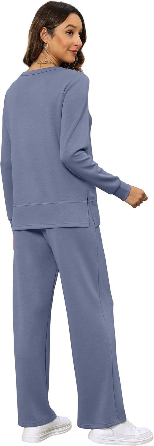 imageXIEERDUO Womens 2 Piece Lounge Sets Side Slit Outfits Wide Leg Tracksuit Comfy Loungewear Fashion Sweatsuit S3XLBlue