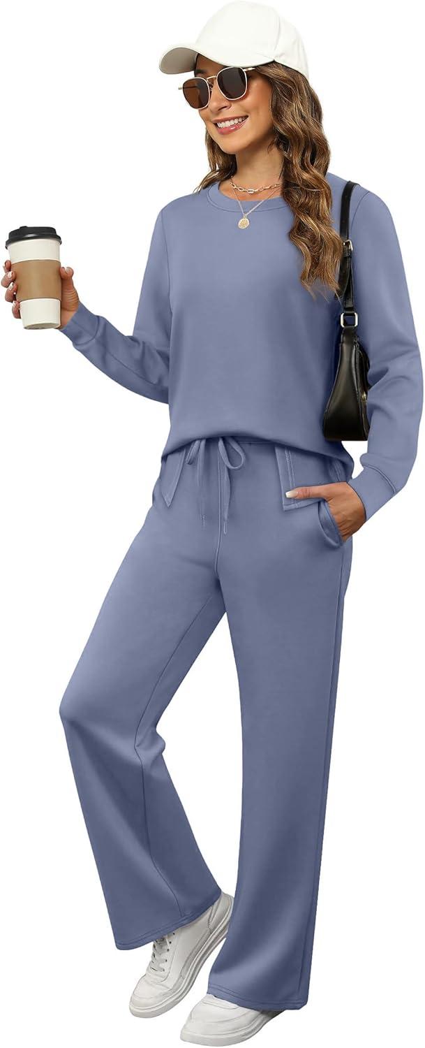 imageXIEERDUO Womens 2 Piece Lounge Sets Side Slit Outfits Wide Leg Tracksuit Comfy Loungewear Fashion Sweatsuit S3XLBlue