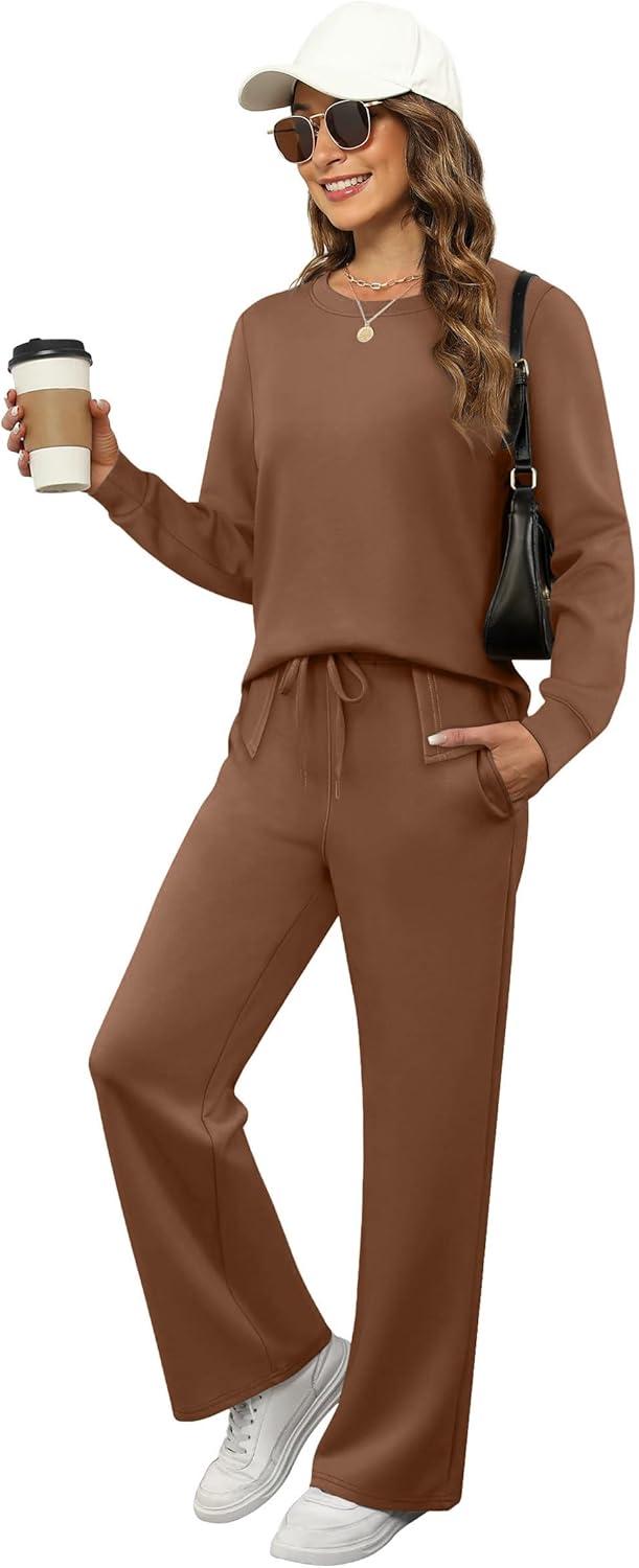 imageXIEERDUO Womens 2 Piece Lounge Sets Side Slit Outfits Wide Leg Tracksuit Comfy Loungewear Fashion Sweatsuit S3XLBrown