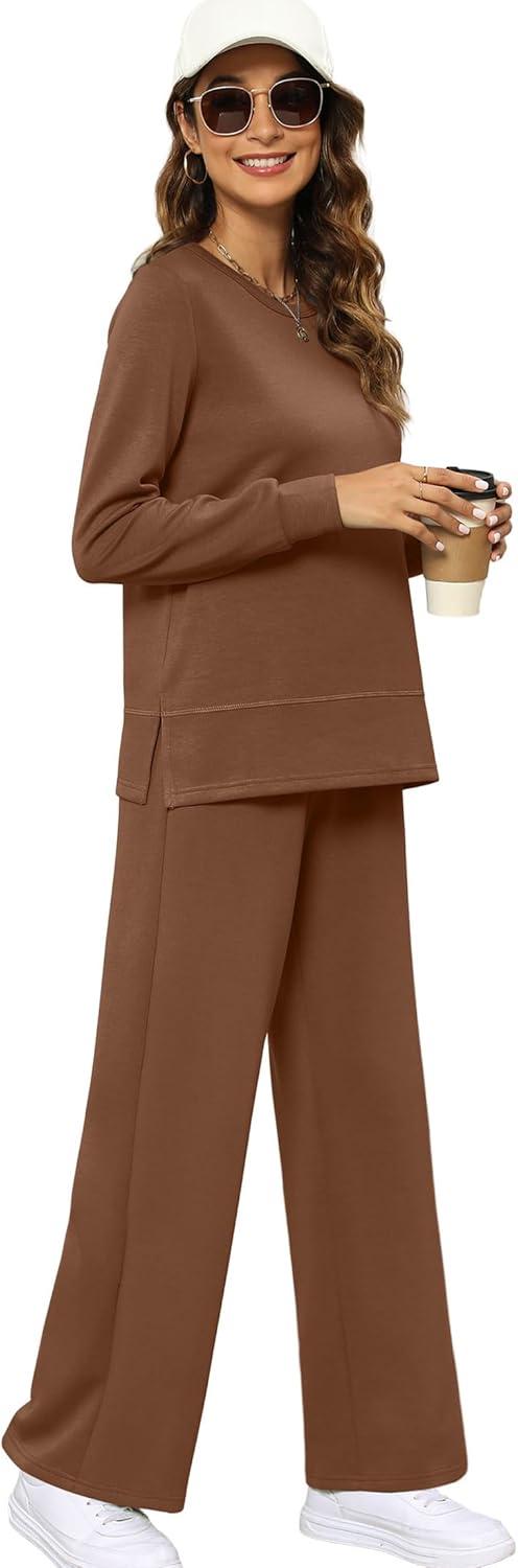 imageXIEERDUO Womens 2 Piece Lounge Sets Side Slit Outfits Wide Leg Tracksuit Comfy Loungewear Fashion Sweatsuit S3XLBrown