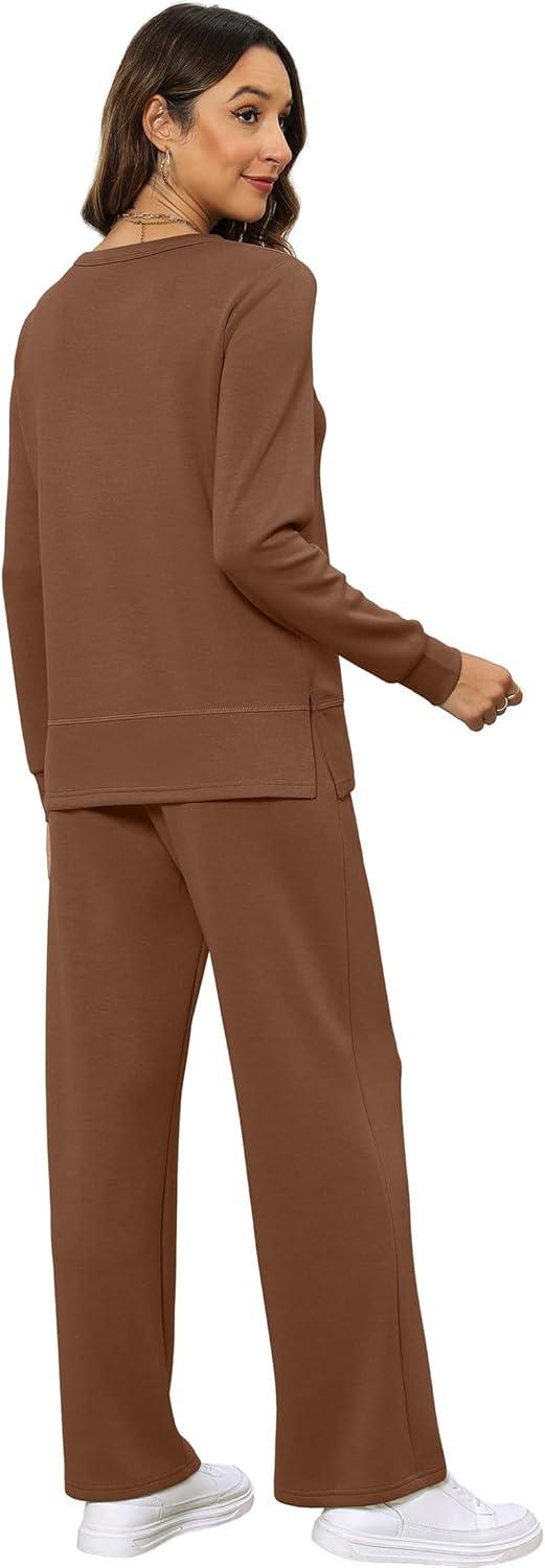 imageXIEERDUO Womens 2 Piece Lounge Sets Side Slit Outfits Wide Leg Tracksuit Comfy Loungewear Fashion Sweatsuit S3XLBrown