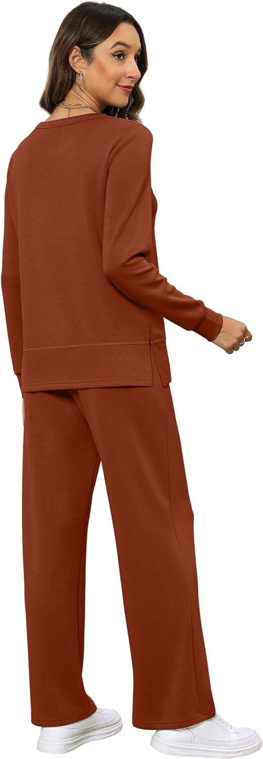 imageXIEERDUO Womens 2 Piece Lounge Sets Side Slit Outfits Wide Leg Tracksuit Comfy Loungewear Fashion Sweatsuit S3XLCaramel