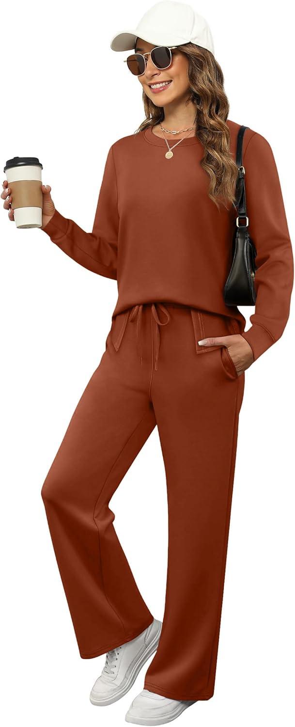 imageXIEERDUO Womens 2 Piece Lounge Sets Side Slit Outfits Wide Leg Tracksuit Comfy Loungewear Fashion Sweatsuit S3XLCaramel