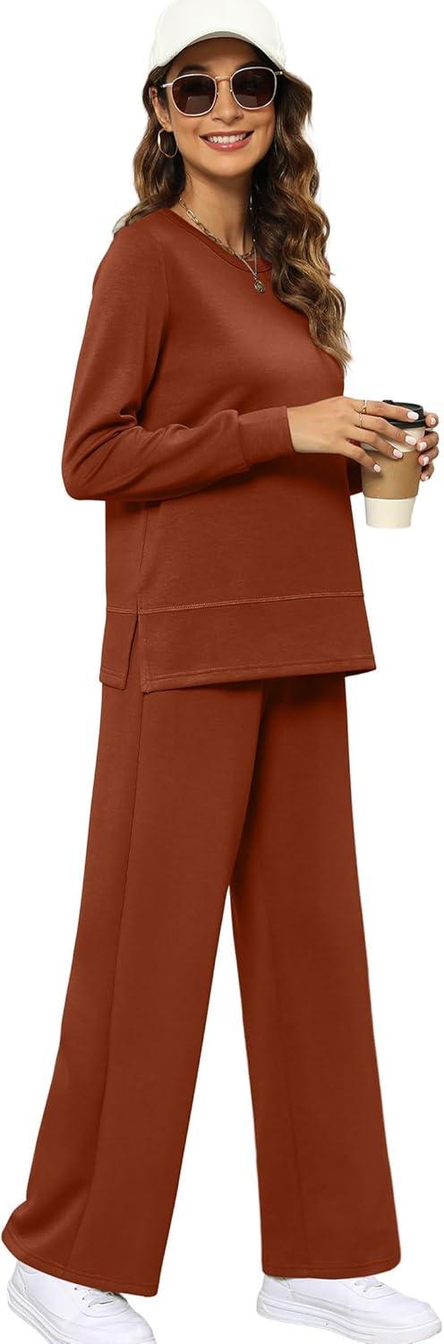 imageXIEERDUO Womens 2 Piece Lounge Sets Side Slit Outfits Wide Leg Tracksuit Comfy Loungewear Fashion Sweatsuit S3XLCaramel