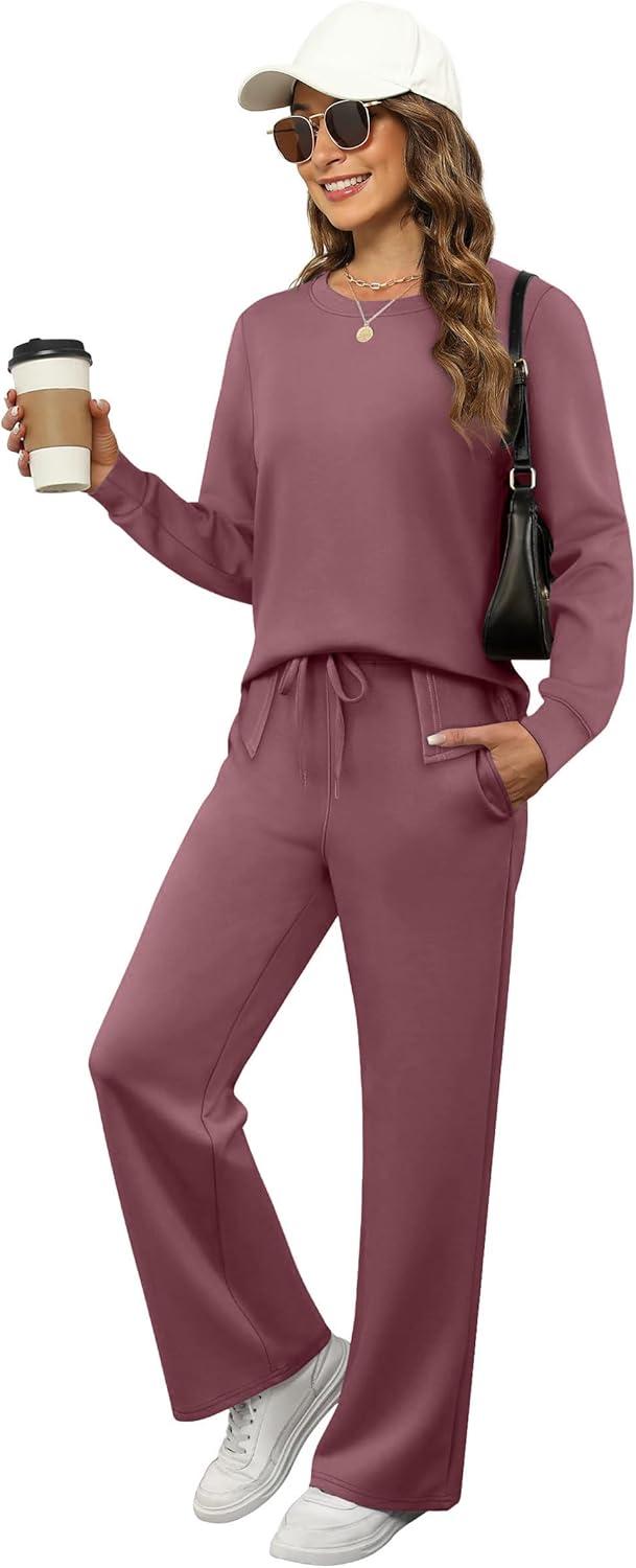 imageXIEERDUO Womens 2 Piece Lounge Sets Side Slit Outfits Wide Leg Tracksuit Comfy Loungewear Fashion Sweatsuit S3XLCoral