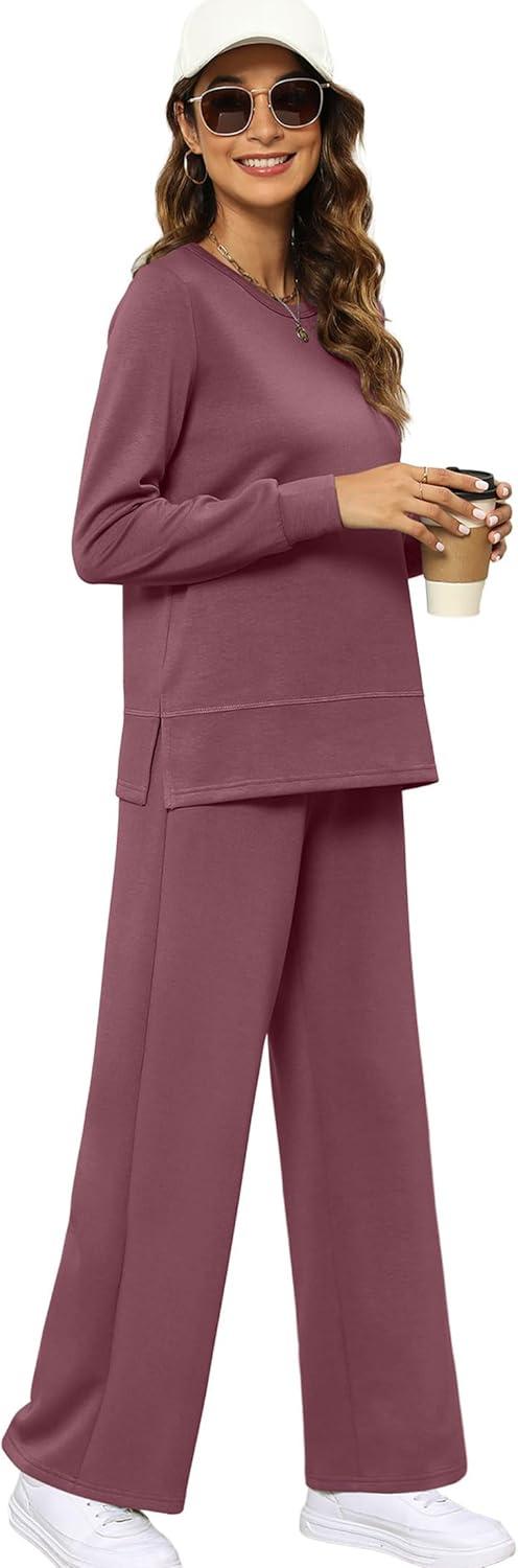 imageXIEERDUO Womens 2 Piece Lounge Sets Side Slit Outfits Wide Leg Tracksuit Comfy Loungewear Fashion Sweatsuit S3XLCoral