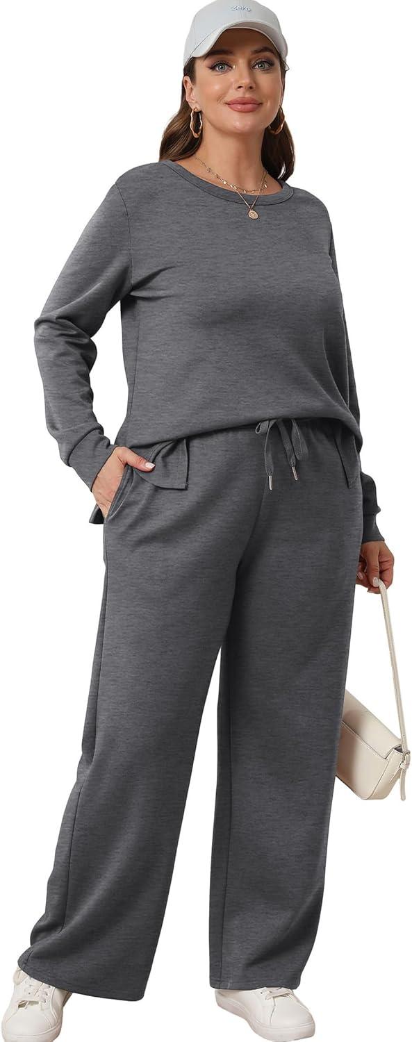 imageXIEERDUO Womens 2 Piece Lounge Sets Side Slit Outfits Wide Leg Tracksuit Comfy Loungewear Fashion Sweatsuit S3XLDark Grey