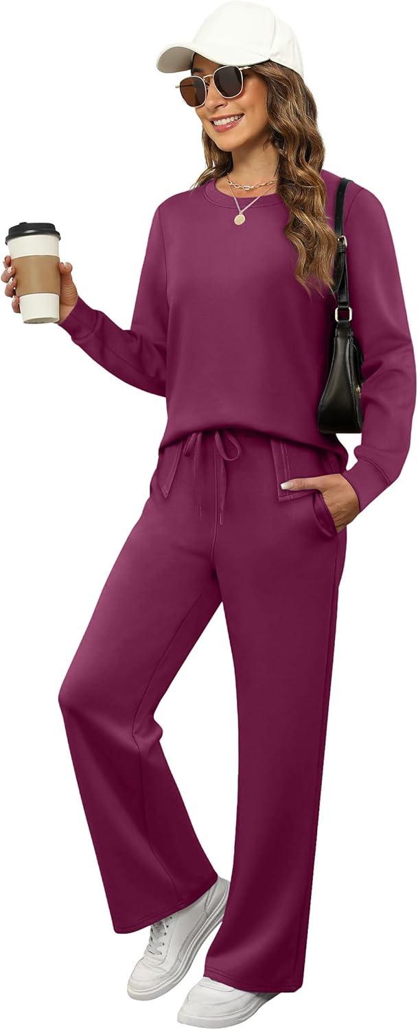 imageXIEERDUO Womens 2 Piece Lounge Sets Side Slit Outfits Wide Leg Tracksuit Comfy Loungewear Fashion Sweatsuit S3XLDark Purple