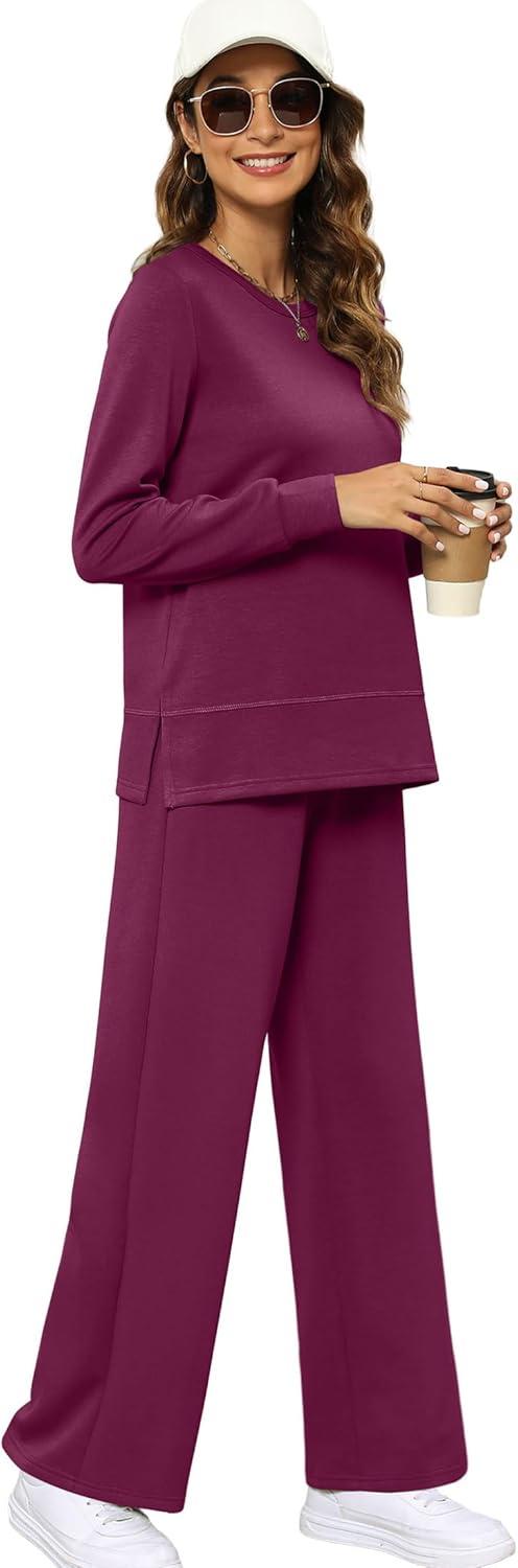 imageXIEERDUO Womens 2 Piece Lounge Sets Side Slit Outfits Wide Leg Tracksuit Comfy Loungewear Fashion Sweatsuit S3XLDark Purple