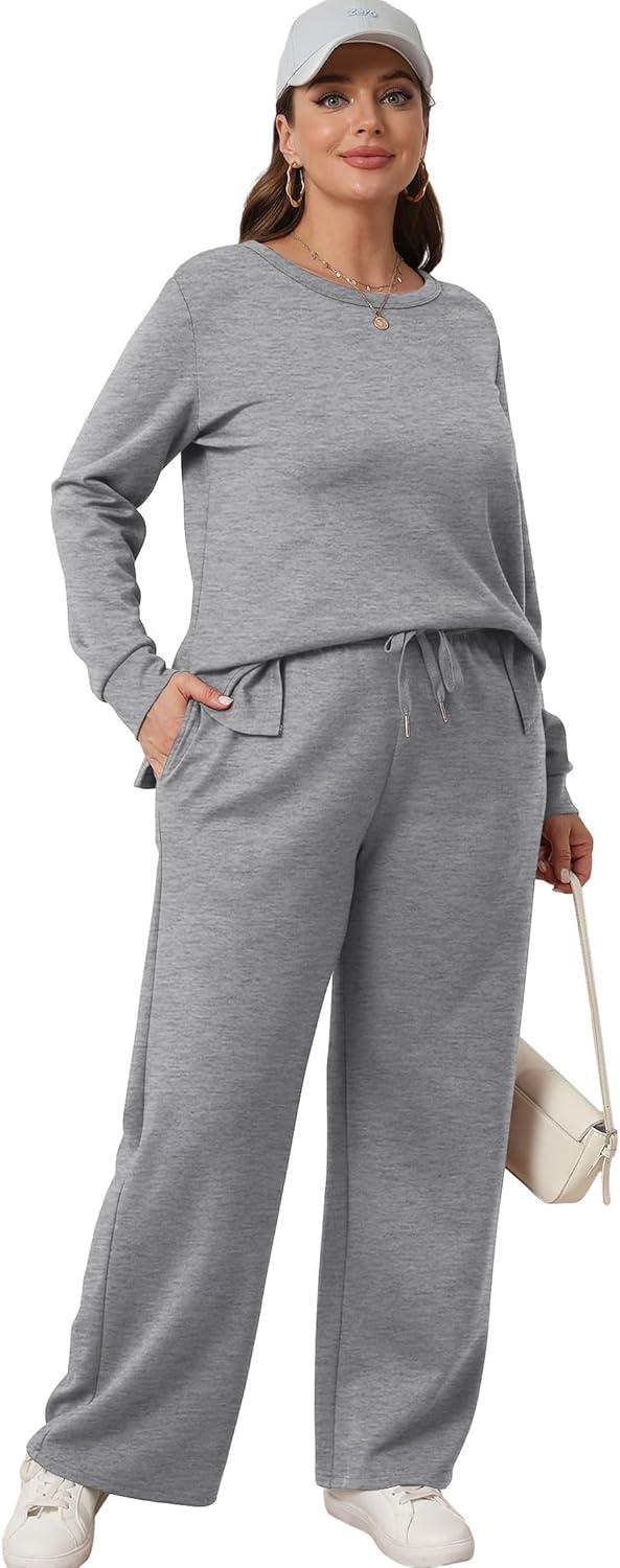 imageXIEERDUO Womens 2 Piece Lounge Sets Side Slit Outfits Wide Leg Tracksuit Comfy Loungewear Fashion Sweatsuit S3XLGrey