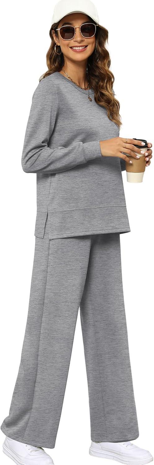 imageXIEERDUO Womens 2 Piece Lounge Sets Side Slit Outfits Wide Leg Tracksuit Comfy Loungewear Fashion Sweatsuit S3XLGrey
