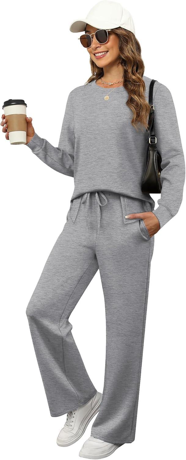 imageXIEERDUO Womens 2 Piece Lounge Sets Side Slit Outfits Wide Leg Tracksuit Comfy Loungewear Fashion Sweatsuit S3XLGrey