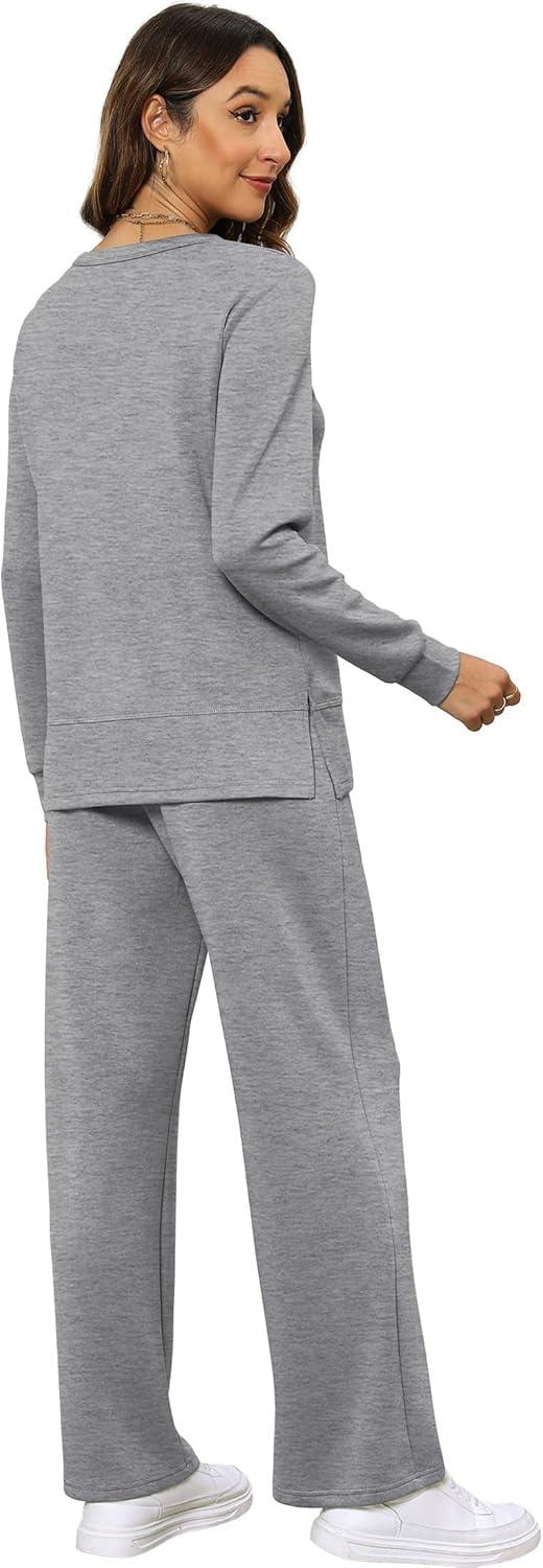 imageXIEERDUO Womens 2 Piece Lounge Sets Side Slit Outfits Wide Leg Tracksuit Comfy Loungewear Fashion Sweatsuit S3XLGrey