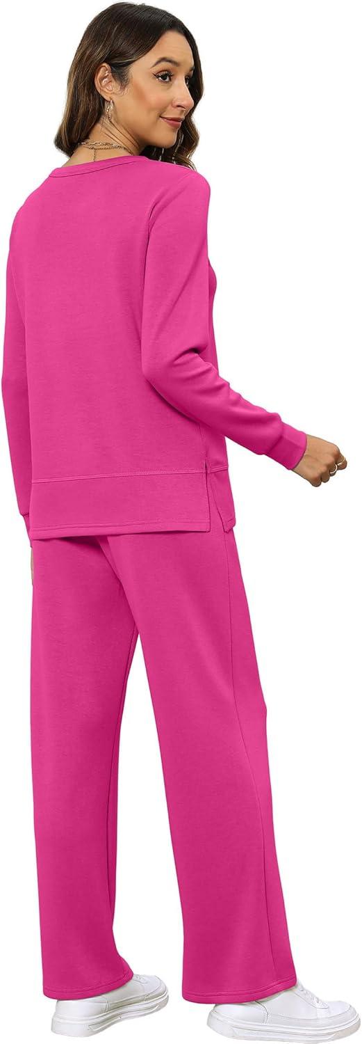 imageXIEERDUO Womens 2 Piece Lounge Sets Side Slit Outfits Wide Leg Tracksuit Comfy Loungewear Fashion Sweatsuit S3XLHot Pink