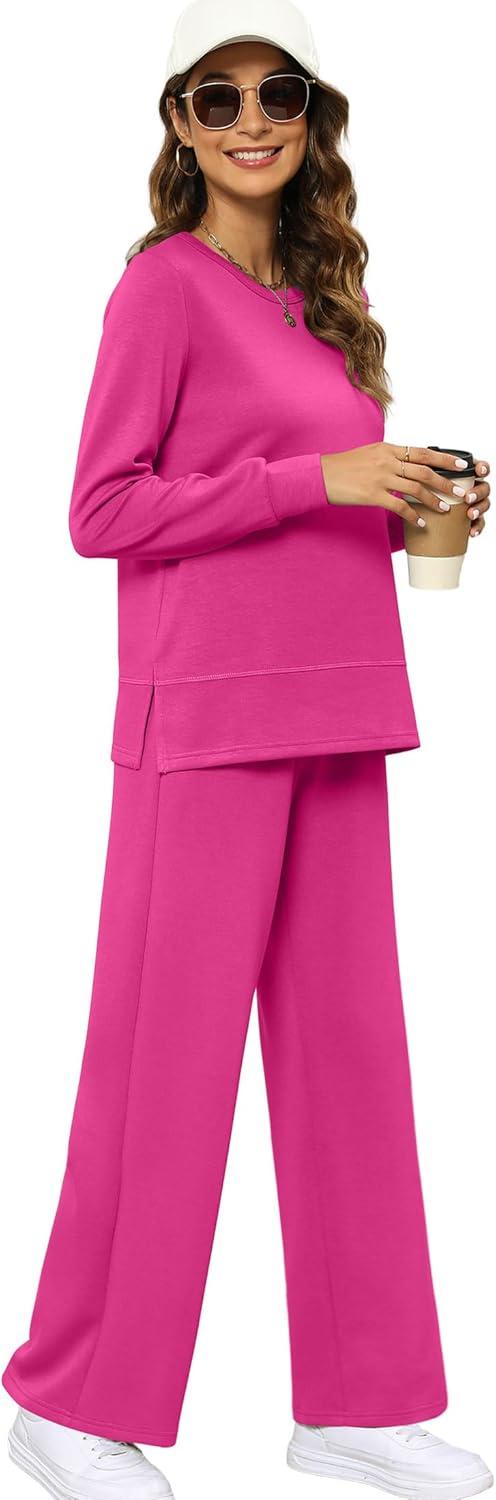 imageXIEERDUO Womens 2 Piece Lounge Sets Side Slit Outfits Wide Leg Tracksuit Comfy Loungewear Fashion Sweatsuit S3XLHot Pink