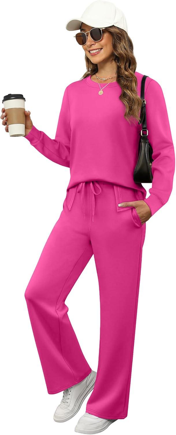 imageXIEERDUO Womens 2 Piece Lounge Sets Side Slit Outfits Wide Leg Tracksuit Comfy Loungewear Fashion Sweatsuit S3XLHot Pink