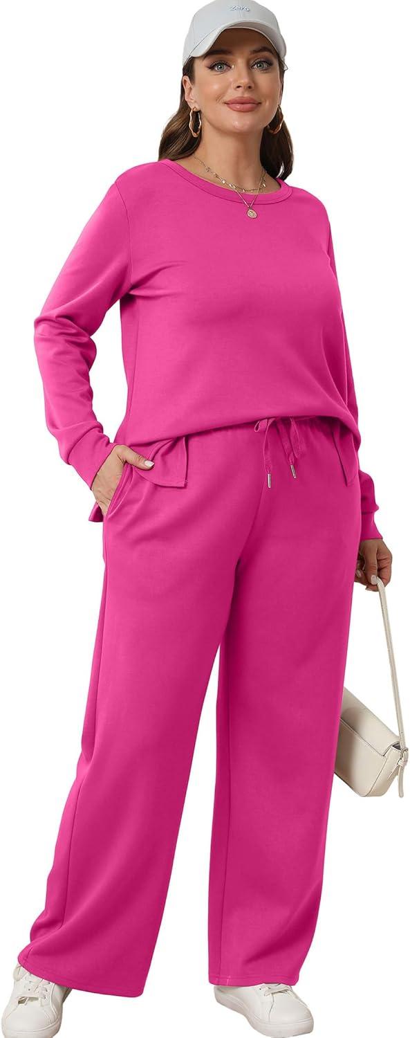 imageXIEERDUO Womens 2 Piece Lounge Sets Side Slit Outfits Wide Leg Tracksuit Comfy Loungewear Fashion Sweatsuit S3XLHot Pink