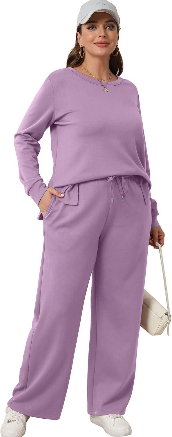 imageXIEERDUO Womens 2 Piece Lounge Sets Side Slit Outfits Wide Leg Tracksuit Comfy Loungewear Fashion Sweatsuit S3XLLight Purple