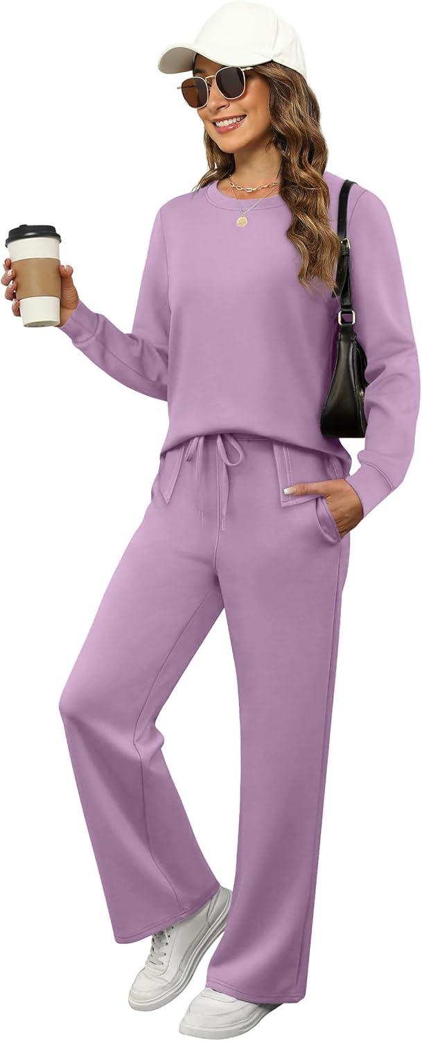 imageXIEERDUO Womens 2 Piece Lounge Sets Side Slit Outfits Wide Leg Tracksuit Comfy Loungewear Fashion Sweatsuit S3XLLight Purple