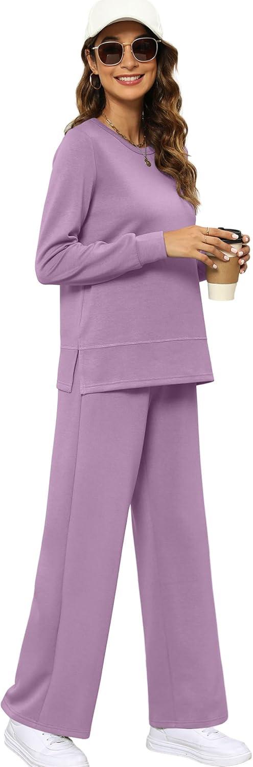 imageXIEERDUO Womens 2 Piece Lounge Sets Side Slit Outfits Wide Leg Tracksuit Comfy Loungewear Fashion Sweatsuit S3XLLight Purple
