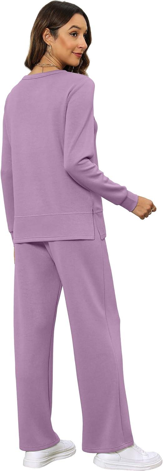 imageXIEERDUO Womens 2 Piece Lounge Sets Side Slit Outfits Wide Leg Tracksuit Comfy Loungewear Fashion Sweatsuit S3XLLight Purple