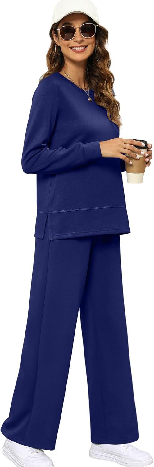 imageXIEERDUO Womens 2 Piece Lounge Sets Side Slit Outfits Wide Leg Tracksuit Comfy Loungewear Fashion Sweatsuit S3XLNavy