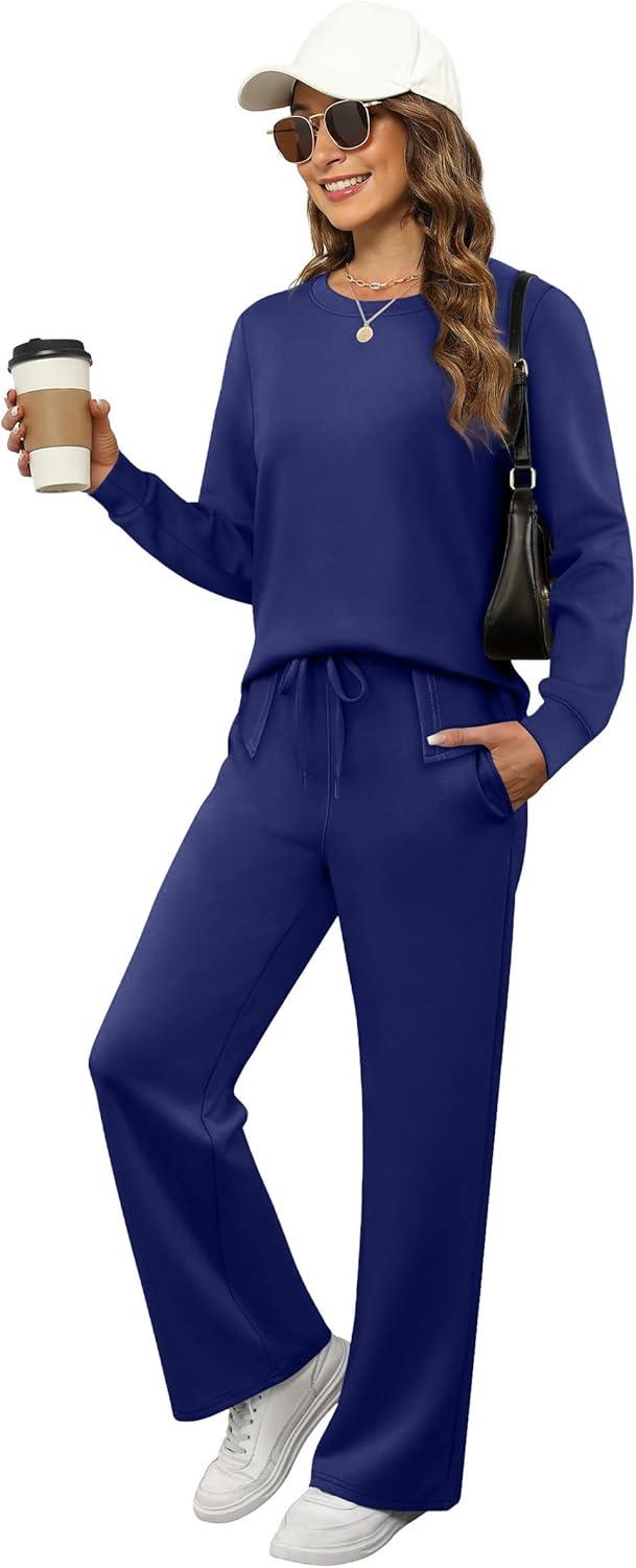 imageXIEERDUO Womens 2 Piece Lounge Sets Side Slit Outfits Wide Leg Tracksuit Comfy Loungewear Fashion Sweatsuit S3XLNavy