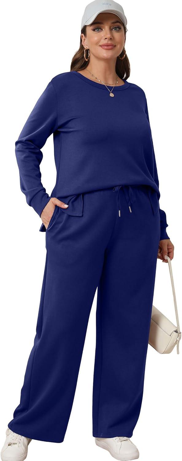 imageXIEERDUO Womens 2 Piece Lounge Sets Side Slit Outfits Wide Leg Tracksuit Comfy Loungewear Fashion Sweatsuit S3XLNavy