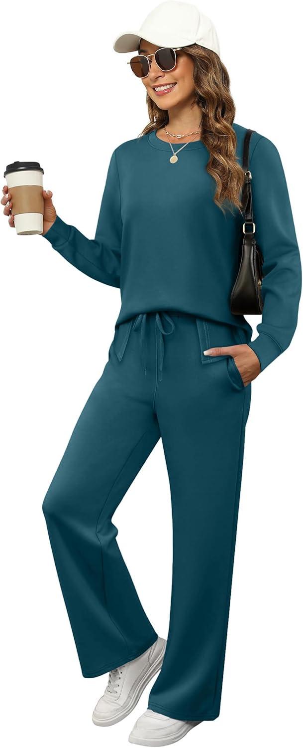imageXIEERDUO Womens 2 Piece Lounge Sets Side Slit Outfits Wide Leg Tracksuit Comfy Loungewear Fashion Sweatsuit S3XLTeal