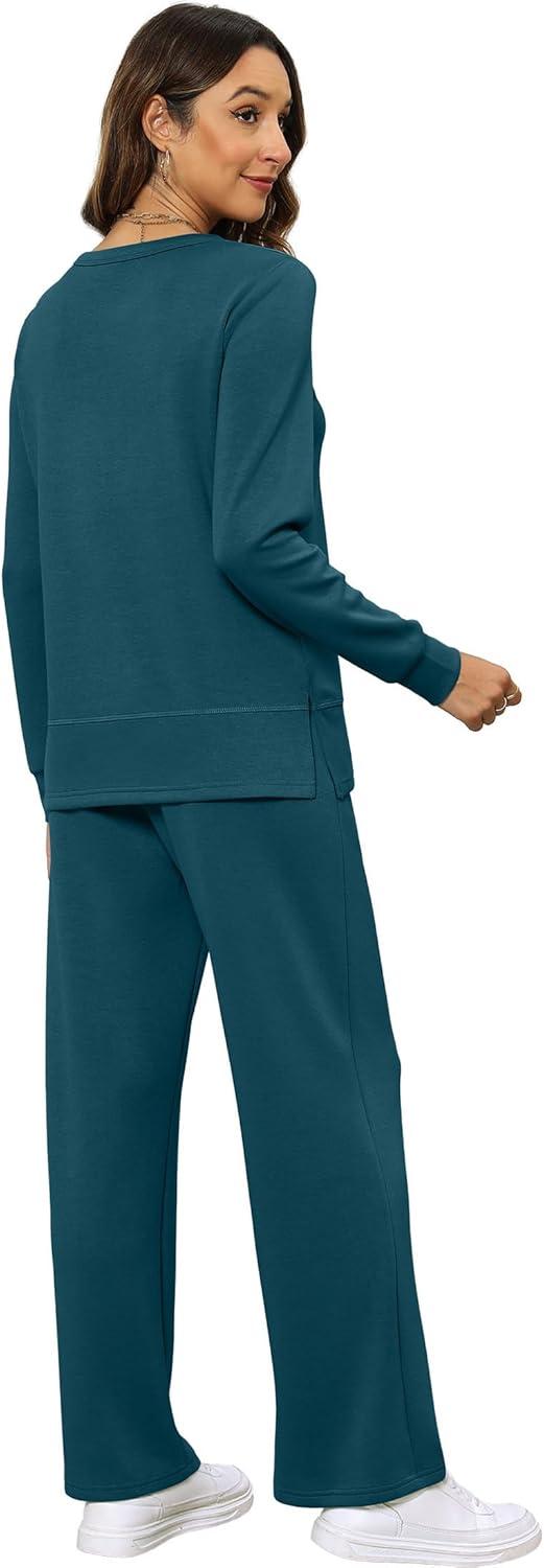 imageXIEERDUO Womens 2 Piece Lounge Sets Side Slit Outfits Wide Leg Tracksuit Comfy Loungewear Fashion Sweatsuit S3XLTeal
