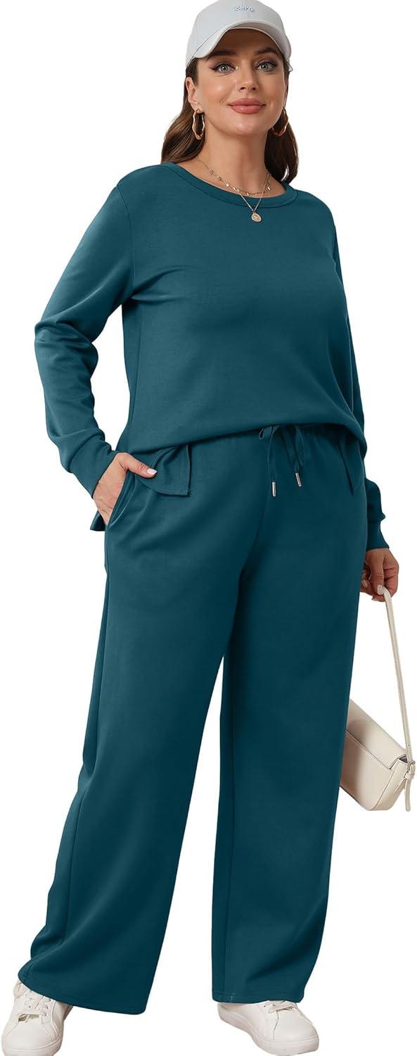 imageXIEERDUO Womens 2 Piece Lounge Sets Side Slit Outfits Wide Leg Tracksuit Comfy Loungewear Fashion Sweatsuit S3XLTeal